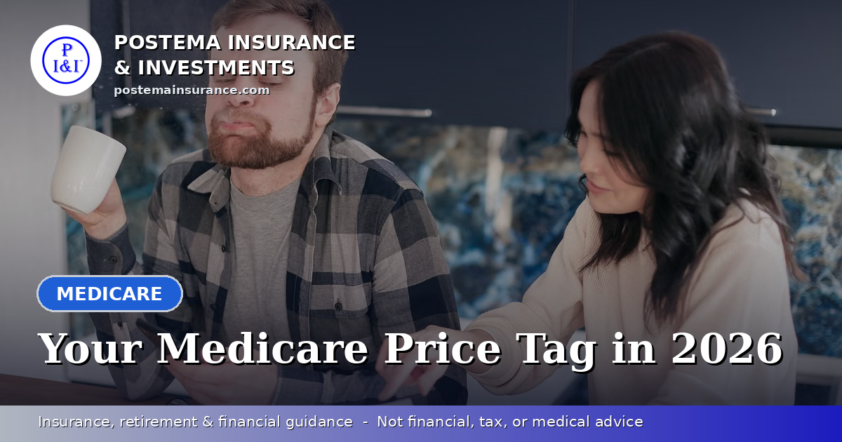 Blue Postema Insurance & Investments graphic with the title 'Your Medicare Price Tag in 2026' over a photo of a senior couple reviewing bills at their kitchen table.