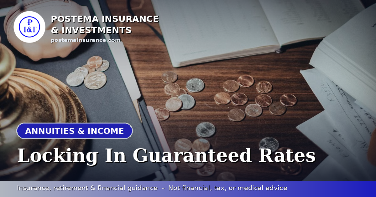 Blue Postema Insurance & Investments graphic with the title 'Locking In Guaranteed Rates' over a photo of a piggy bank on a desk beside savings paperwork.
