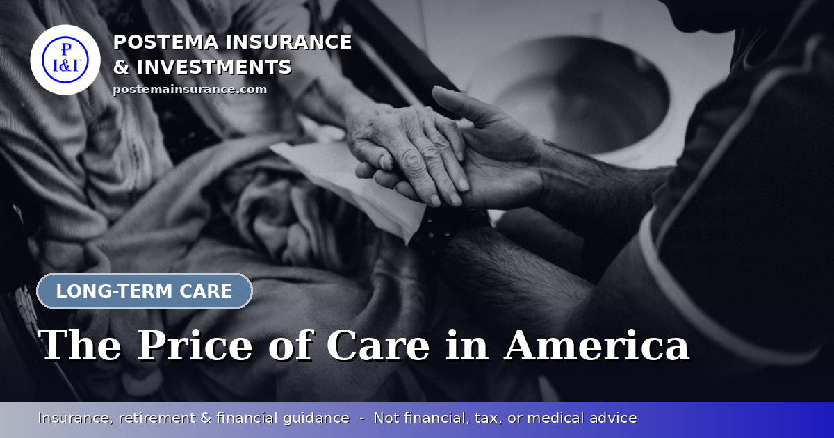 Blue Postema Insurance & Investments graphic with the title 'The Price of Care in America' over a photo of a caregiver gently holding an elderly person's hands.