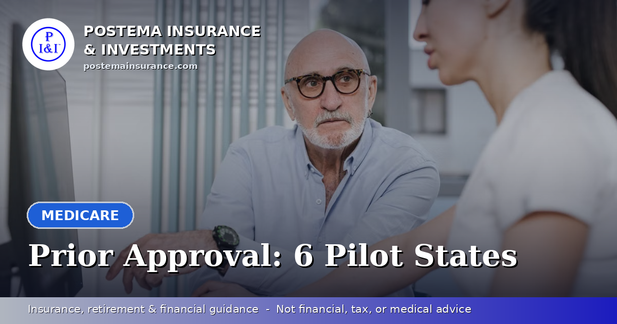 Blue Postema Insurance & Investments graphic with the title 'Prior Approval: 6 Pilot States' over a photo of a doctor consulting with an older patient in an office.