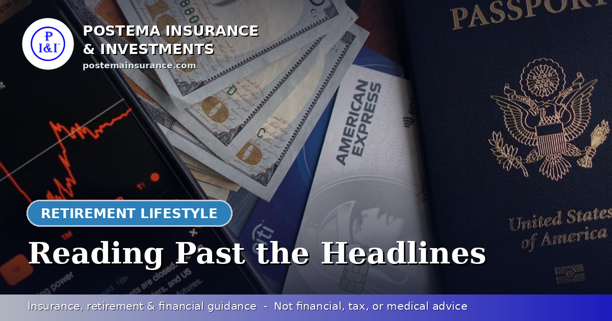 Blue Postema Insurance & Investments graphic with the title 'Reading Past the Headlines' over a photo of a Social Security card resting on U.S. currency.