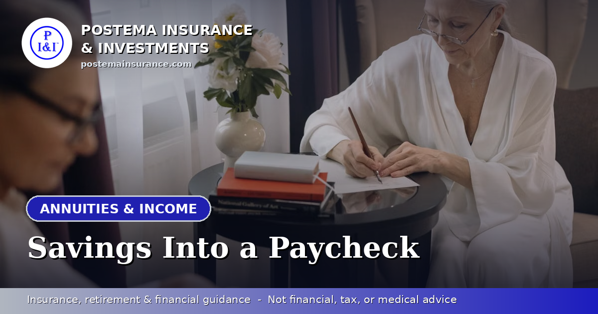 Blue Postema Insurance & Investments graphic with the title 'Savings Into a Paycheck' over a photo of a senior woman writing a check at her desk.