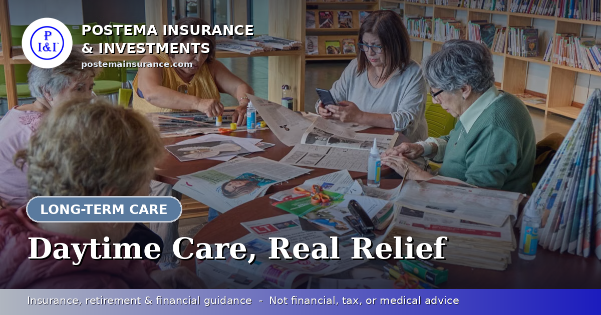 Blue Postema Insurance & Investments graphic with the title 'Daytime Care, Real Relief' over a photo of seniors enjoying a craft activity together.