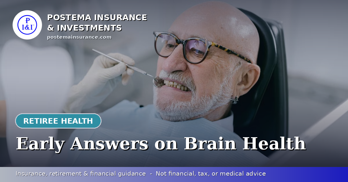 Blue Postema Insurance & Investments graphic with the title 'Early Answers on Brain Health' over a photo of a smiling senior man talking with his doctor.