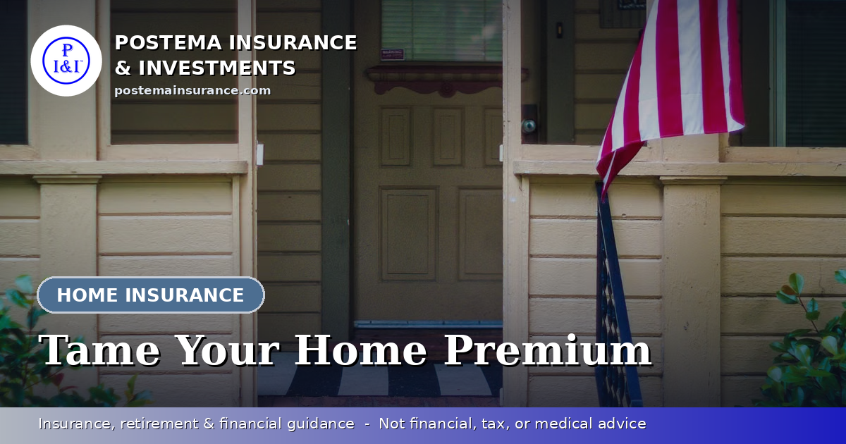 Blue Postema Insurance & Investments graphic with the title 'Tame Your Home Premium' over a photo of a suburban American house with a front porch.