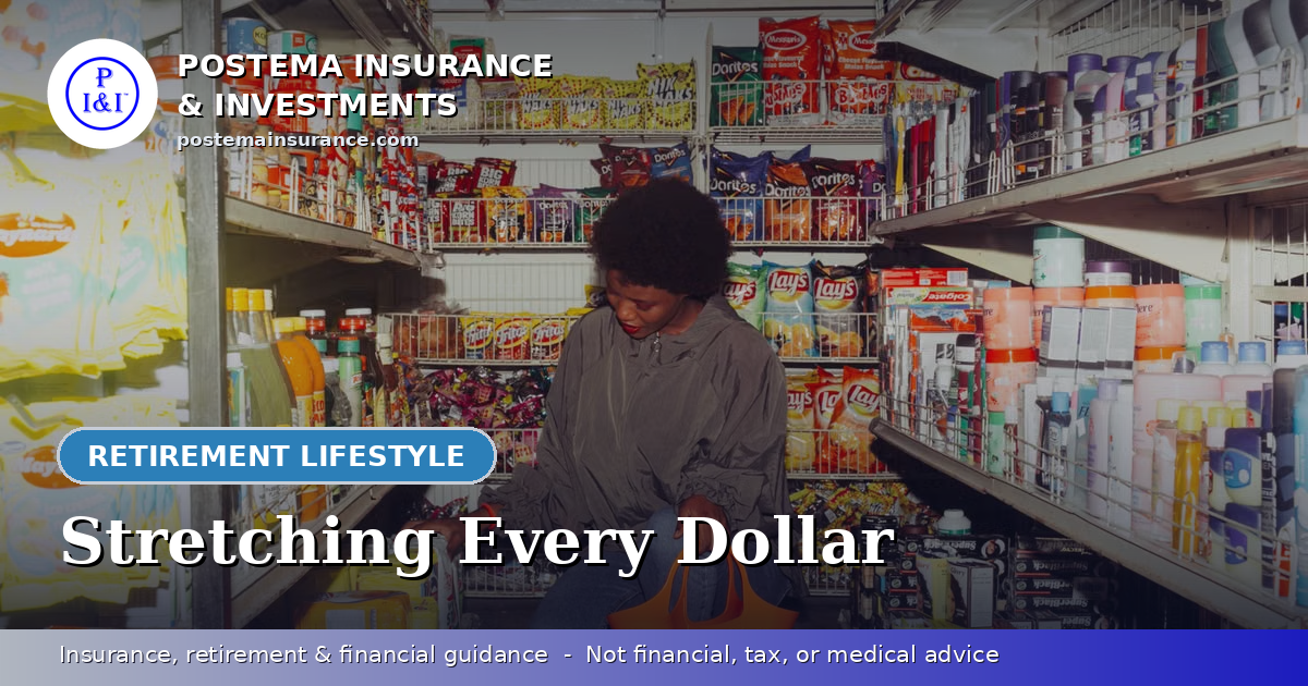 Blue Postema Insurance & Investments graphic with the title 'Stretching Every Dollar' over a photo of a woman comparing prices at a supermarket shelf.