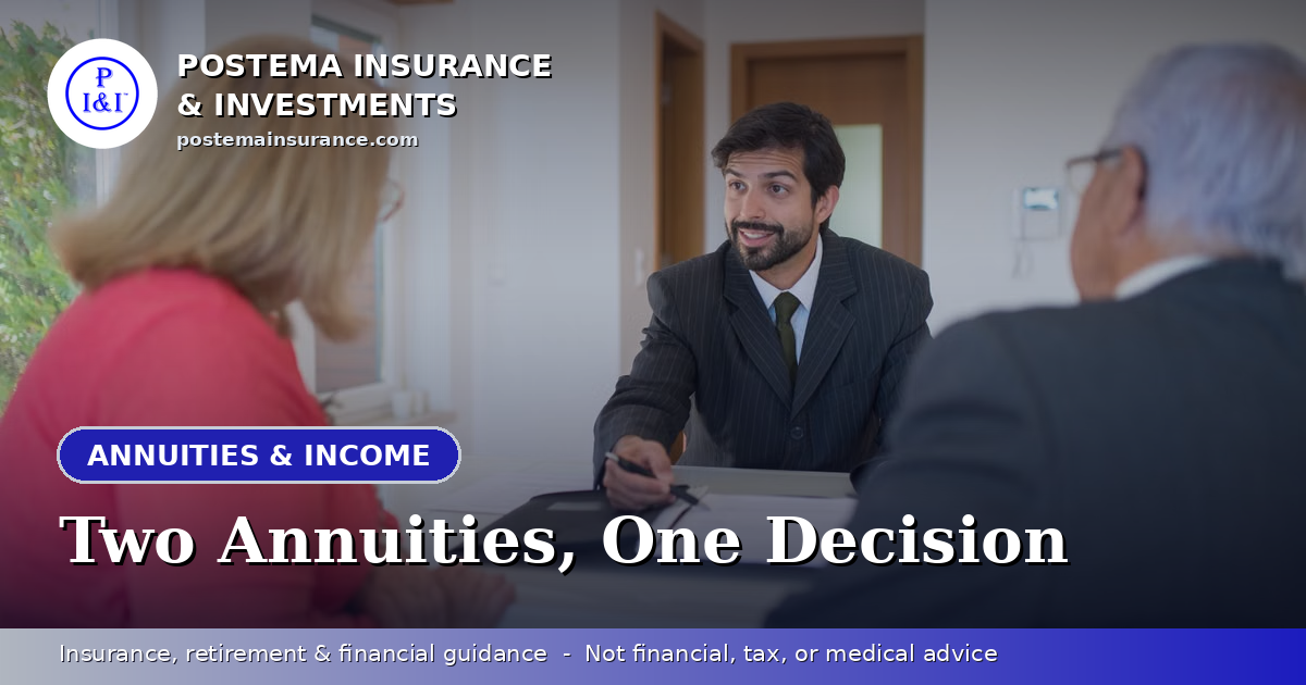 Blue Postema Insurance & Investments graphic with the title 'Two Annuities, One Decision' over a photo of a couple reviewing documents with an advisor at a table.