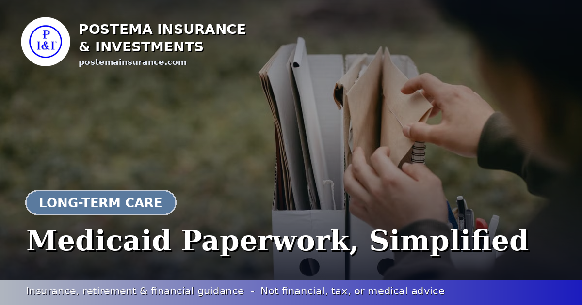 Blue Postema Insurance & Investments graphic with the title 'Medicaid Paperwork, Simplified' over a photo of someone organizing documents into a folder at a home office desk.