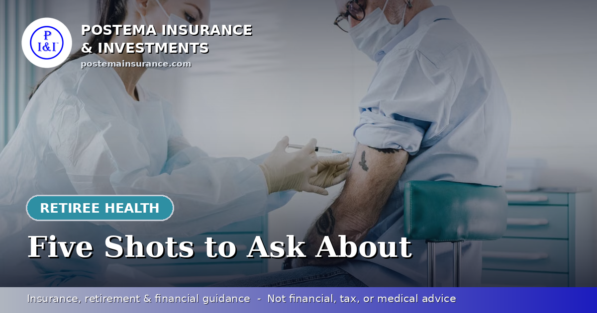 Blue Postema Insurance & Investments graphic with the title 'Five Shots to Ask About' over a photo of a pharmacist giving a senior a vaccination.