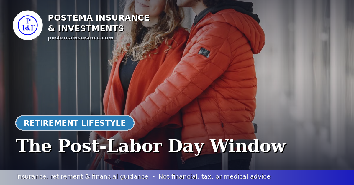 Blue Postema Insurance & Investments graphic with the title 'The Post-Labor Day Window' over a photo of a happy mature couple rolling luggage through an airport.