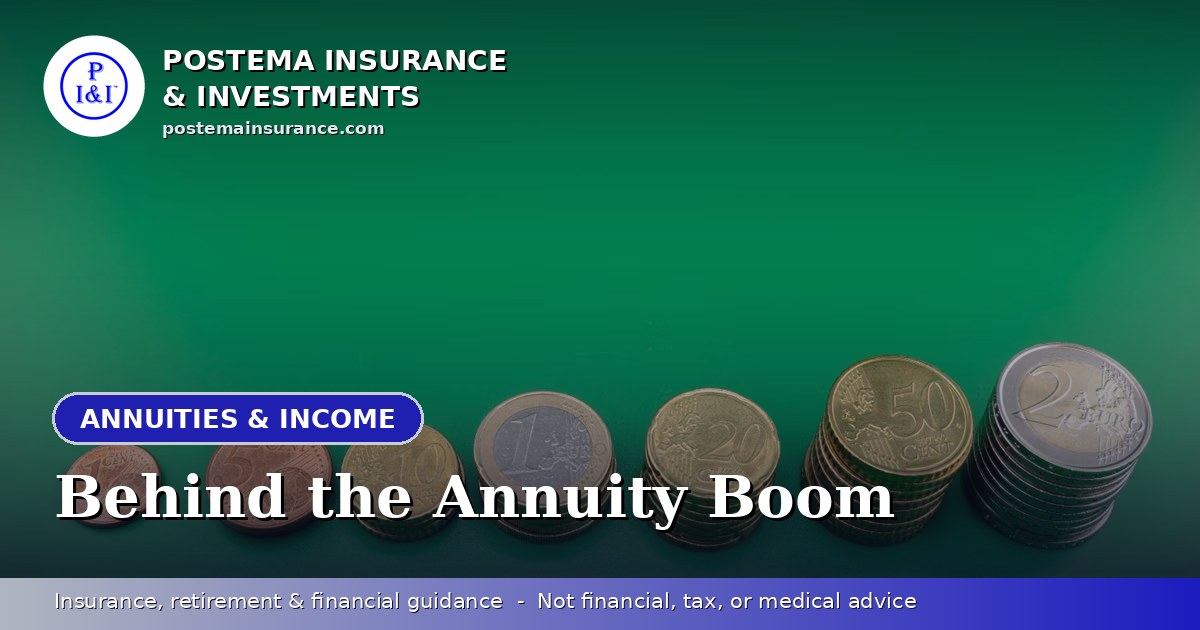 Blue Postema Insurance & Investments graphic with the title 'Behind the Annuity Boom' over a photo of stacked coins rising beside an upward growth chart.