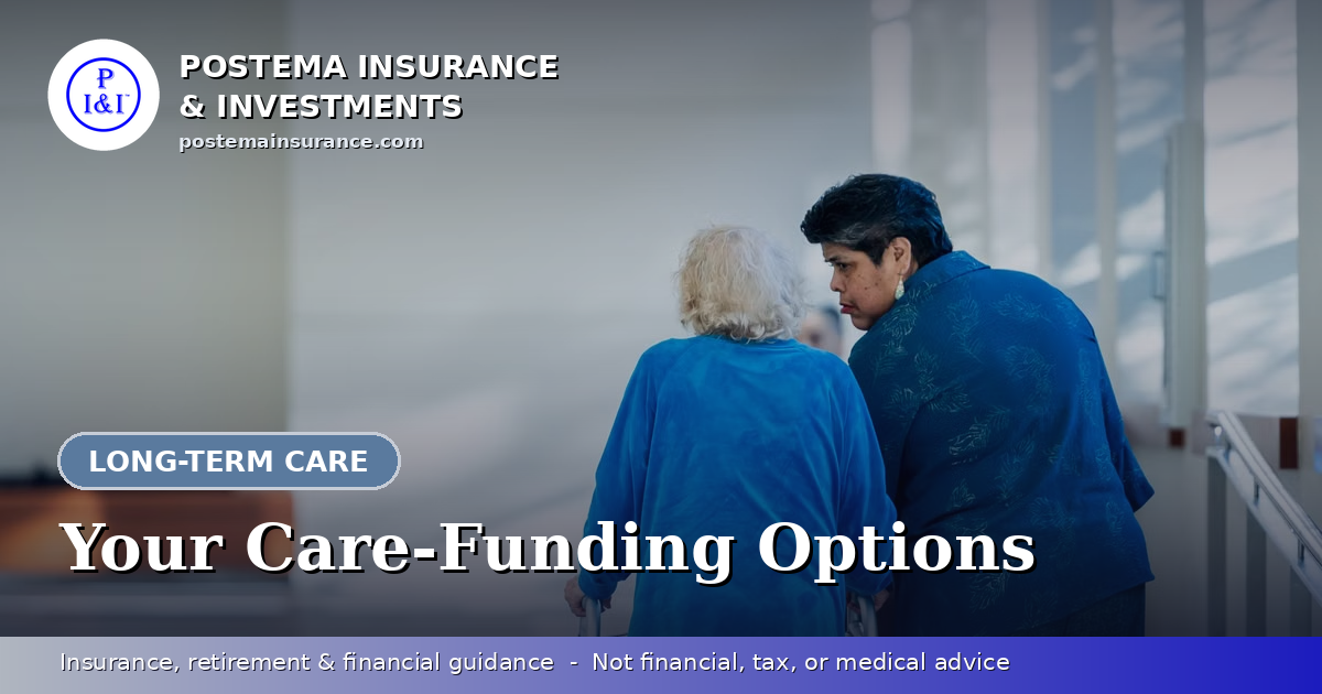 Blue Postema Insurance & Investments graphic with the title 'Your Care-Funding Options' over a photo of a nurse helping a senior use a walker at home.