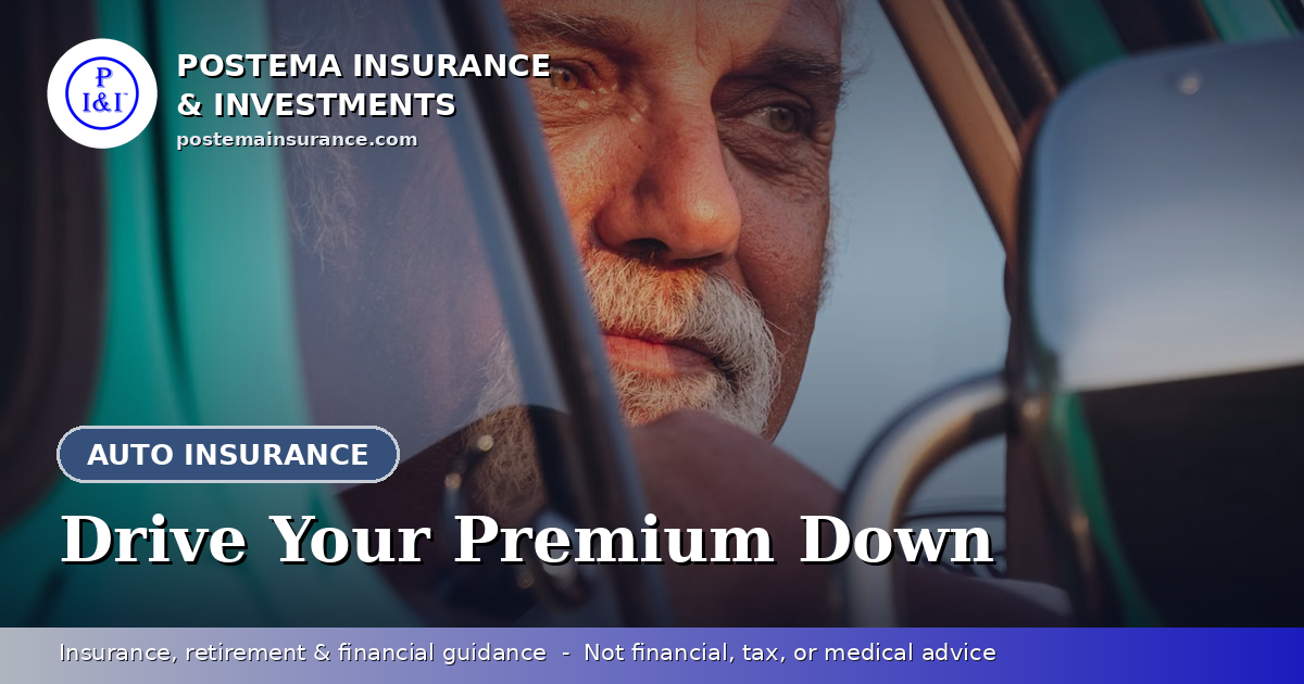 Blue Postema Insurance & Investments graphic with the title 'Drive Your Premium Down' over a photo of a senior man washing a classic car in his driveway.