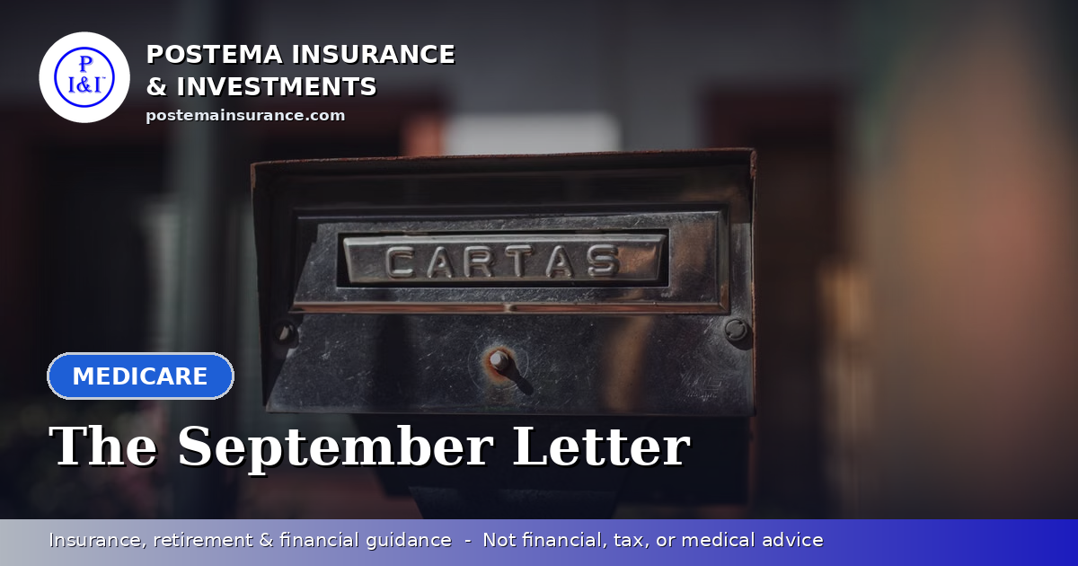 Blue Postema Insurance & Investments graphic with the title 'The September Letter' over a photo of a mailbox full of letters outside an American home.