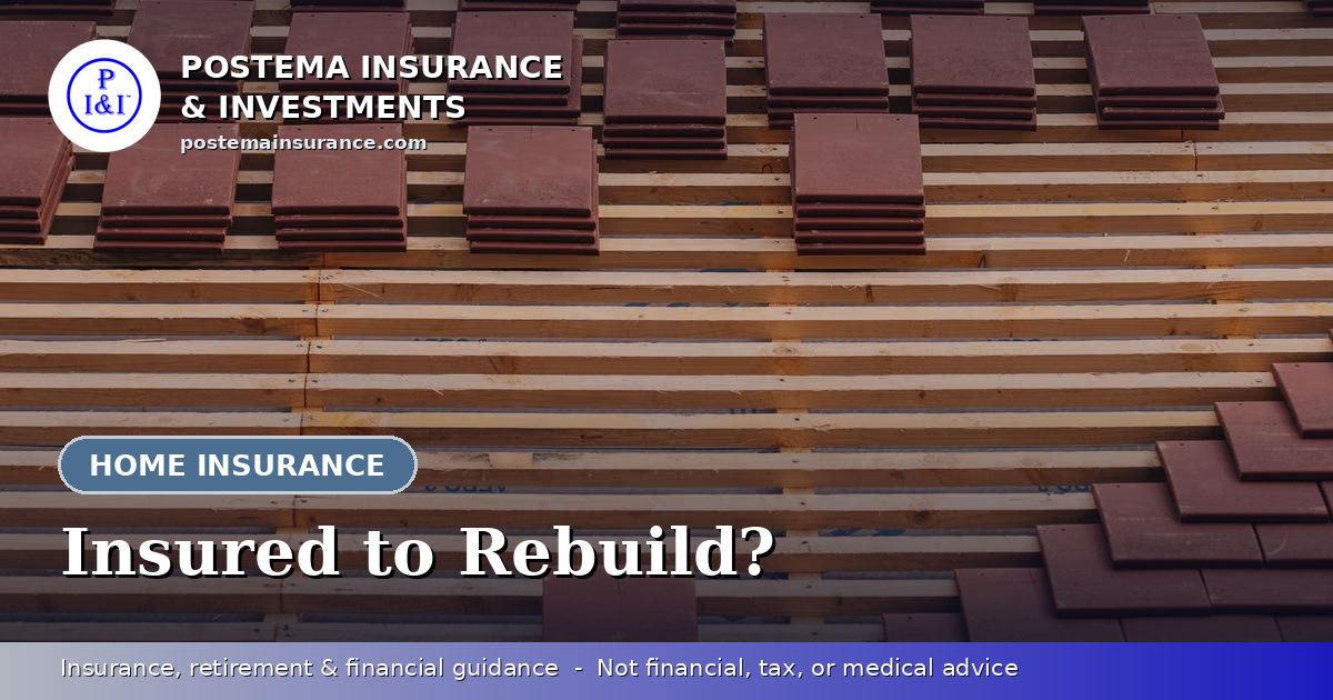 Blue Postema Insurance & Investments graphic with the title 'Insured to Rebuild?' over a photo of a home under construction with a new roof going on.